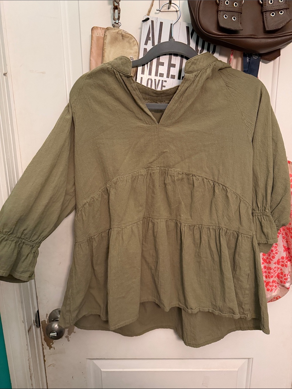 Source Unknown Olive Green Tiered Peasant Blouse